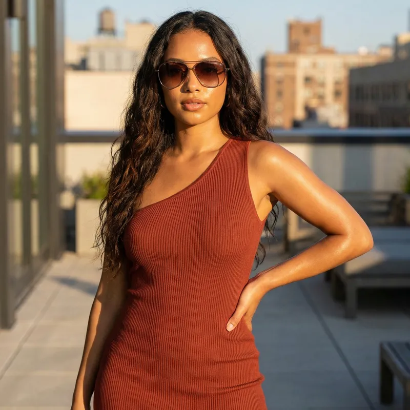 Sultry Woman in Stylish Outfit - Exudes Confidence and Style