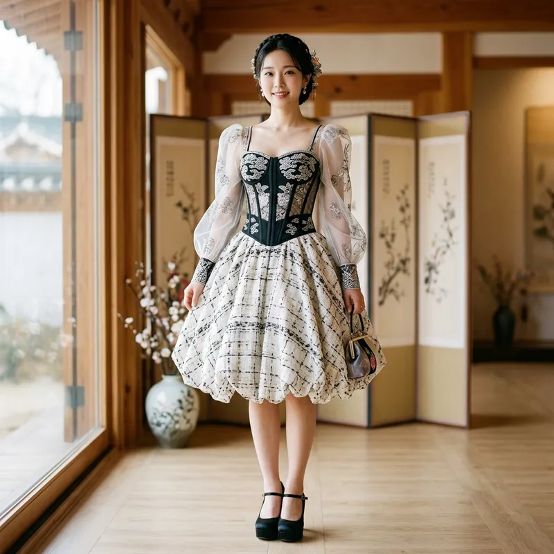 Korean Style Dress with Bubble Skirt and Corset Korean Style Dress with Bubble Skirt and Corset