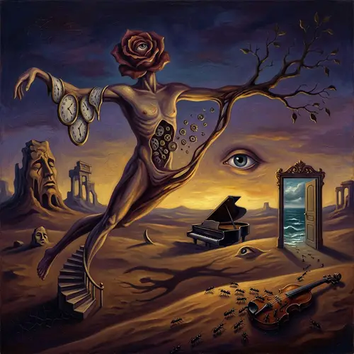 Surrealist Painting: Distorted Human Figure in Eerily Lit Desert