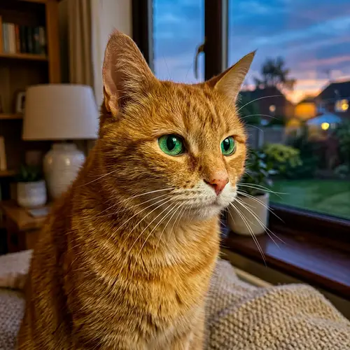Short Bushy Orange Cat with Emerald Green Eyes in Cozy Setting