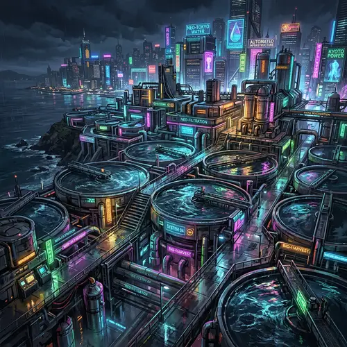 Futuristic Cyberpunk Wastewater Treatment Plant Art