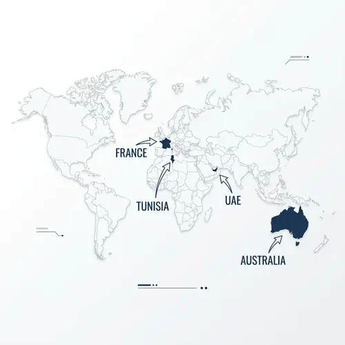 Global Offices Map - Locations in Australia, France, UAE, Tunisia