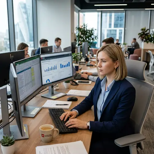Russian Woman Working at Computer | Business Attire, Blonde Hair