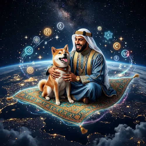 Middle Eastern Prince on Magic Carpet with Shiba Inu and Cryptocurrency Symbols