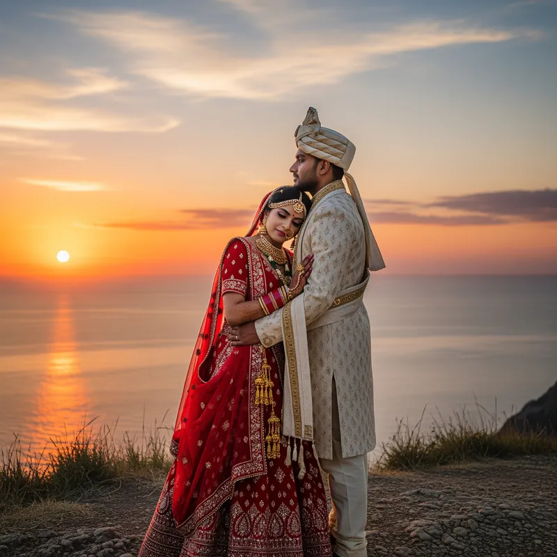 Indian Bride and Groom Watching Sunset