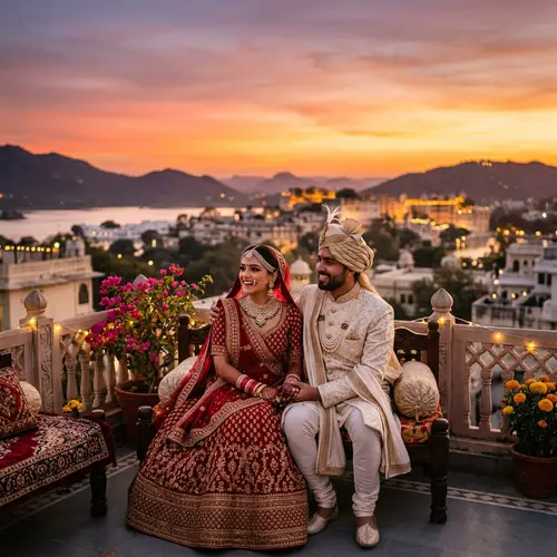 Indian Bride and Groom Watching Sunset