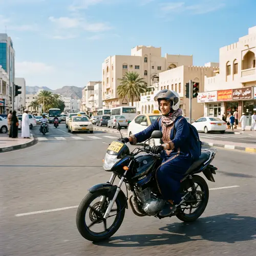 Omani Girl Riding Motor Bike in Traditional Dress