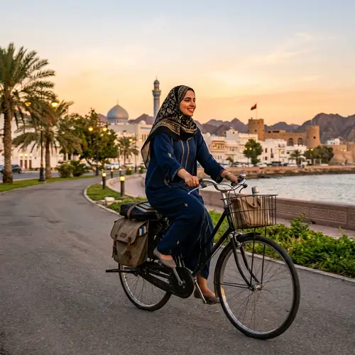Omani Woman Riding to Work on Bike | Cityscape Silhouette