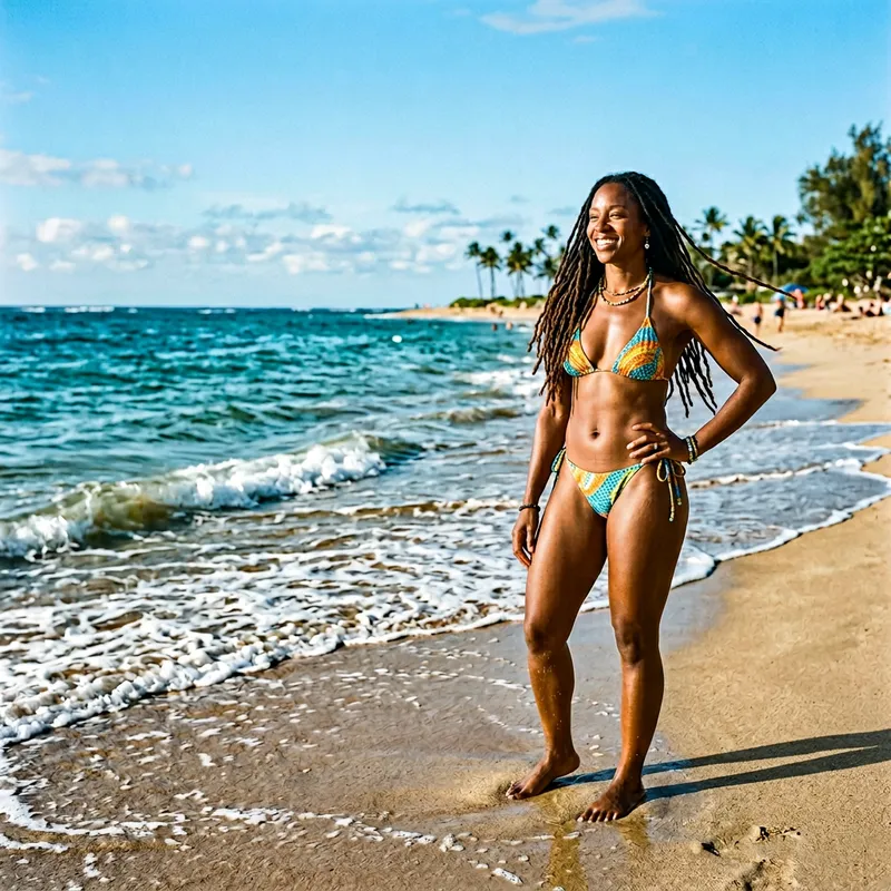 Woman in Colorful Bikini on Beach Woman in Colorful Bikini on Beach