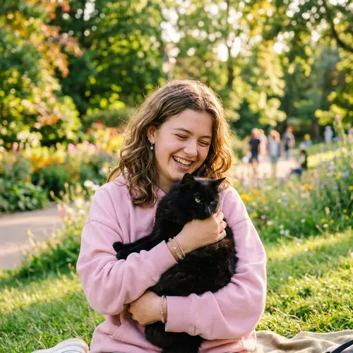 Joyful Teenage Girl with Cat in Pastel Hues