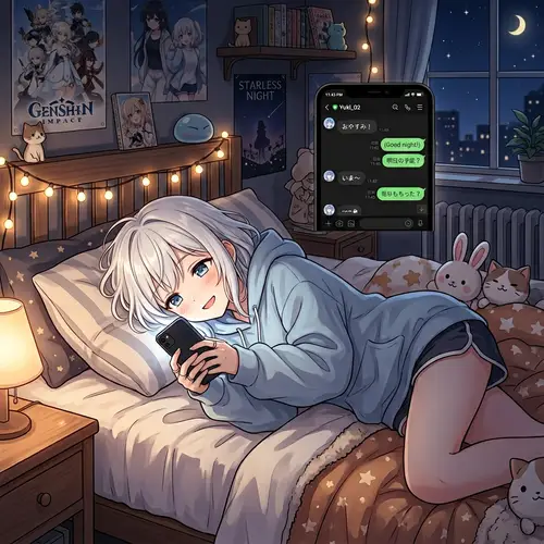 Anime Girl with White Hair Holding Cellphone at Night