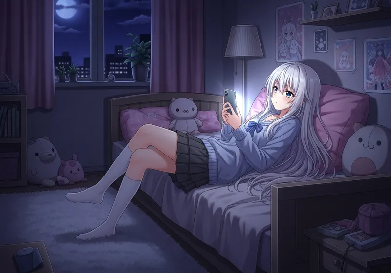 Anime Girl with White Hair Holding Cellphone at Night