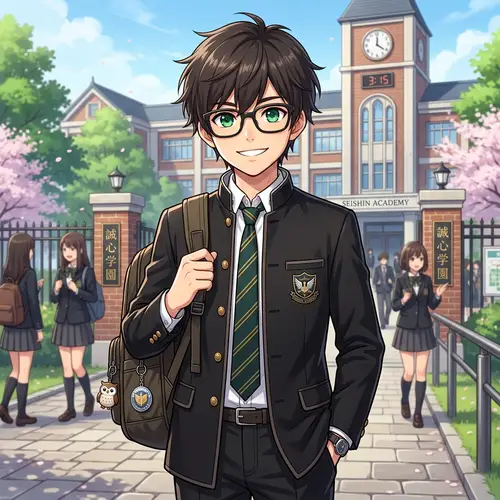 Youthful Anime-Style Boy with Glasses in Black Jacket
