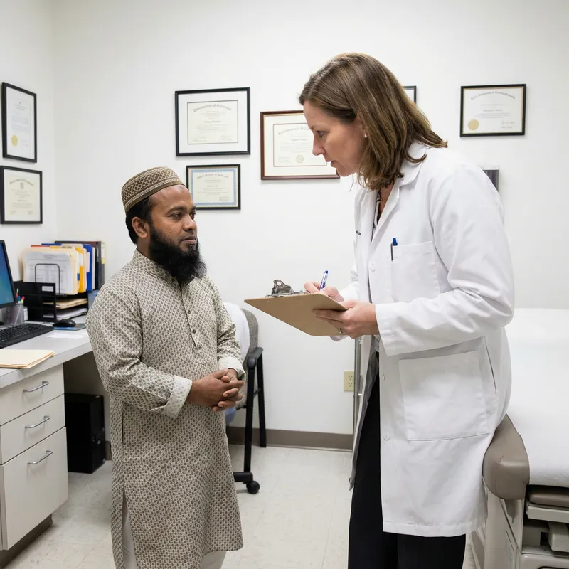 Short Bengali Muslim Man in Front of Professional Caucasian Doctor