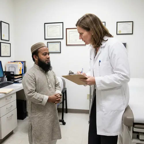 Short Bengali Muslim Man Consults Professional Caucasian Doctor