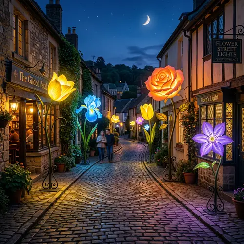 Enchanting Flower Street Lights - Serene Nighttime Ambiance