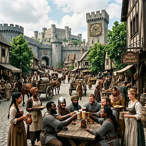 Medieval Era Cityscape with Diverse Characters and Craftsmanship