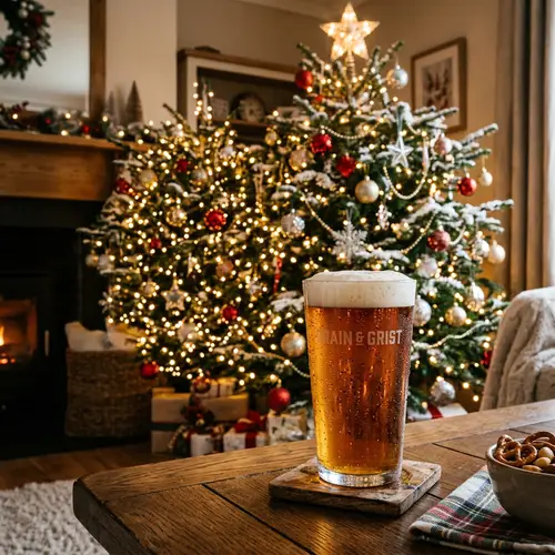 Frothy Beer in Festive Christmas Setting