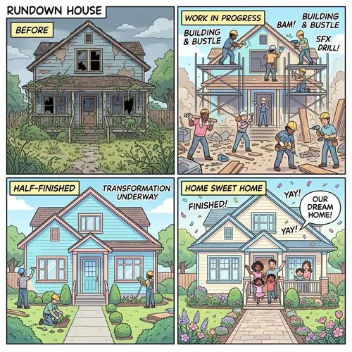 House Renovation Comic Strip in Vibrant Manga Art Style