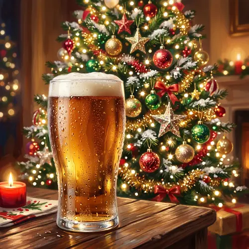 Frosty Beer Glass By Christmas Tree - Festive Holiday Scene