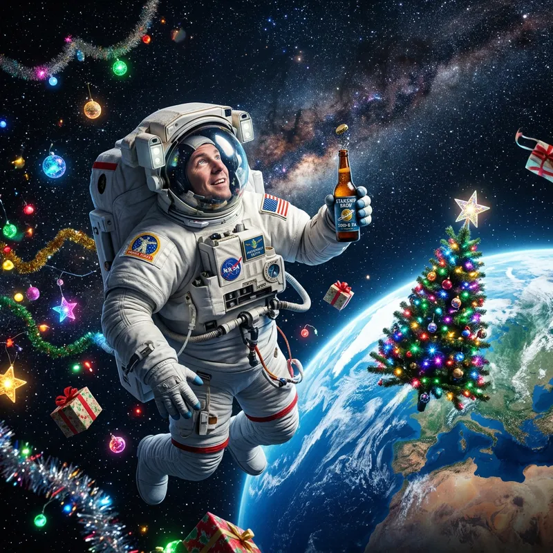Astronaut Celebrating Christmas in Space with Beer