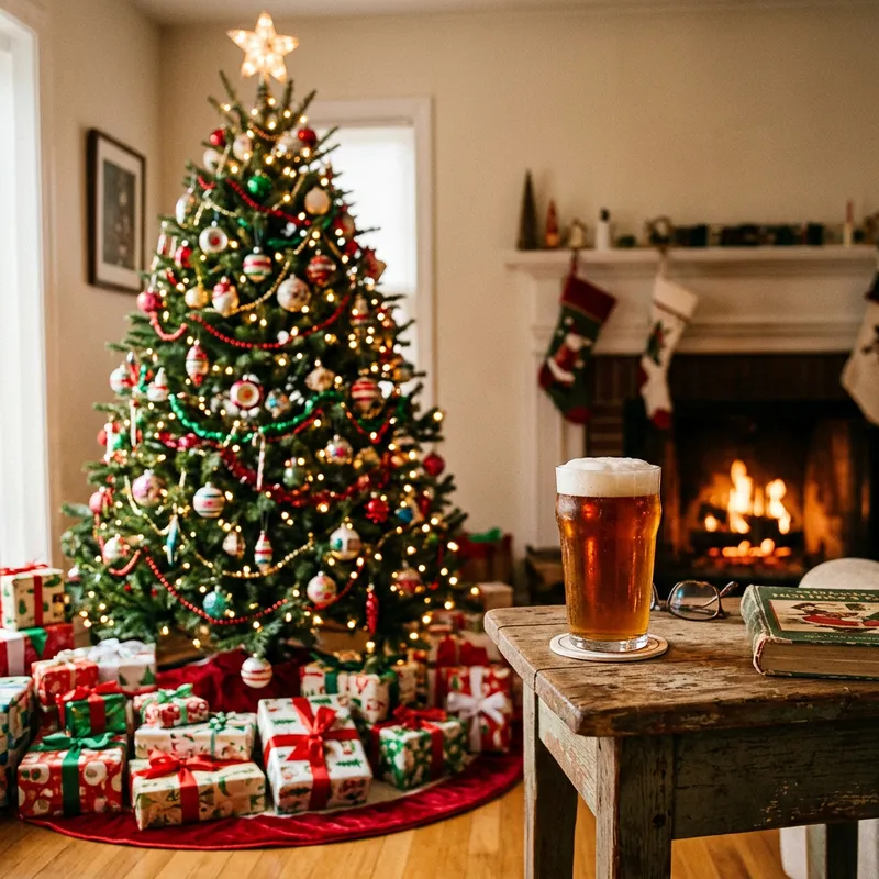 Christmas Tree Gifts & Beer: Festive Holiday Scene Christmas Tree Gifts & Beer: Festive Holiday Scene