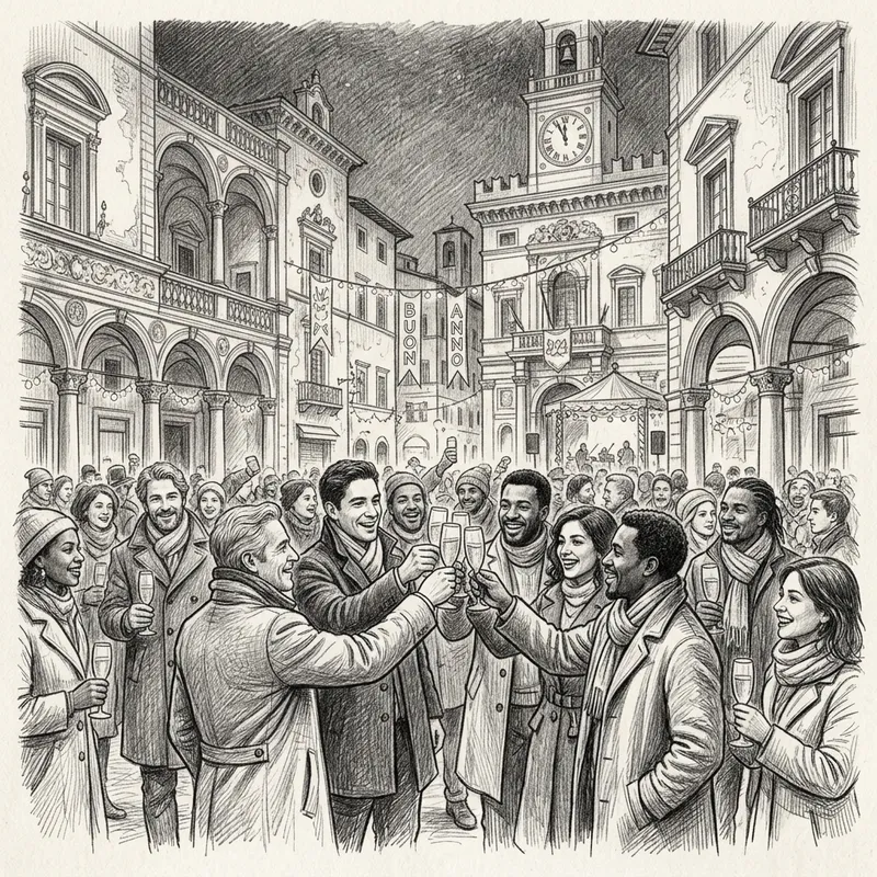 Bustling Italian Square New Year's Eve Celebration Sketch
