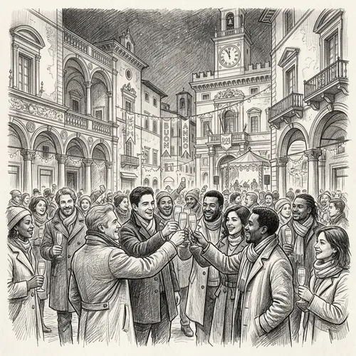 Lively Italian Square New Year's Eve Sketch