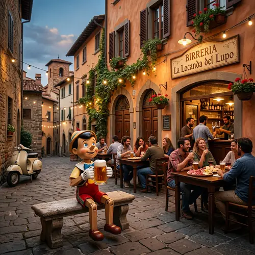 Whimsical Wooden Doll with Pint of Beer in Lucca Alehouse