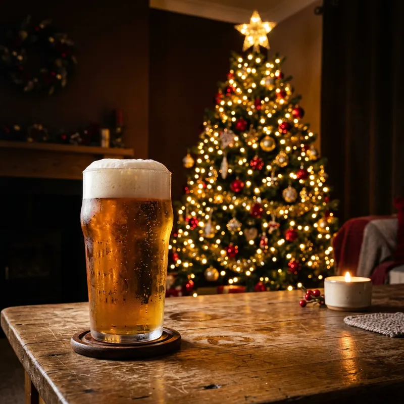 Festive Beer Adorned by a Christmas Tree