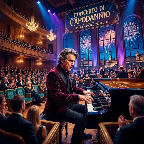 Italian Composer at Piano in Festive Concert Hall | New Year Celebrations