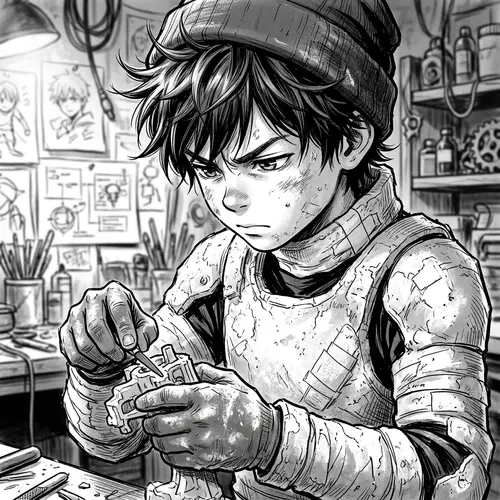 Young Boy in Plaster Suit - Black and White Drawn Style