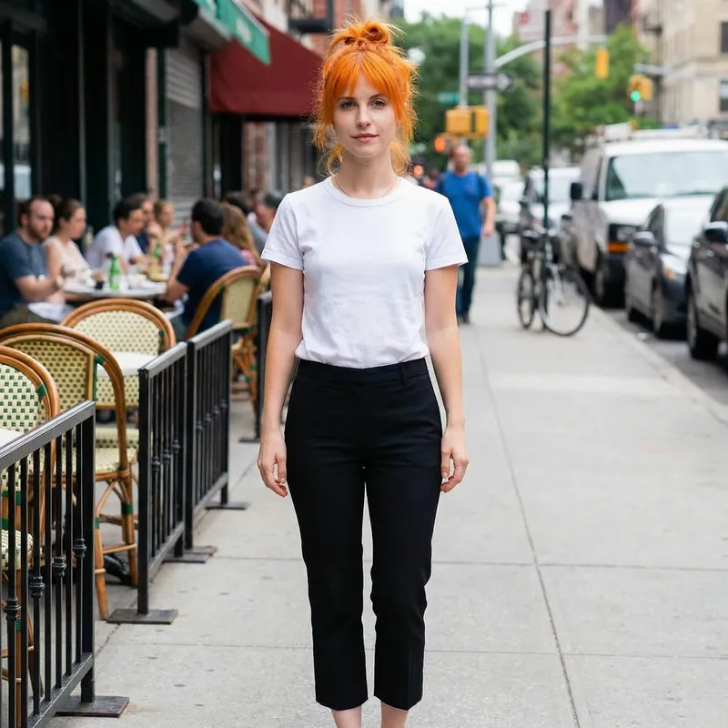Stylish Woman with Orange Hair in White Shirt and Black Pants