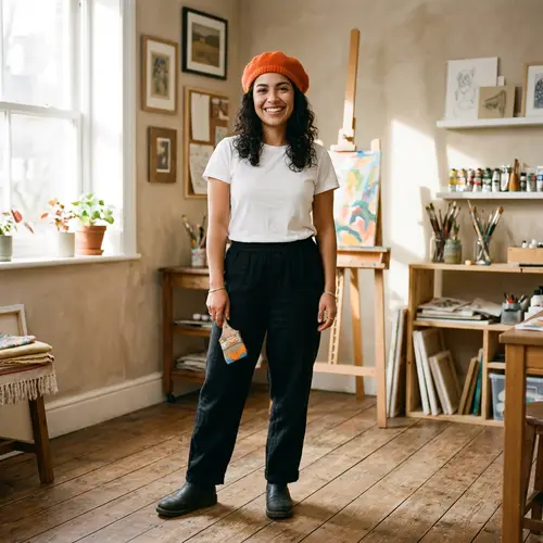Hispanic Woman in Orange Beret and White T-Shirt
