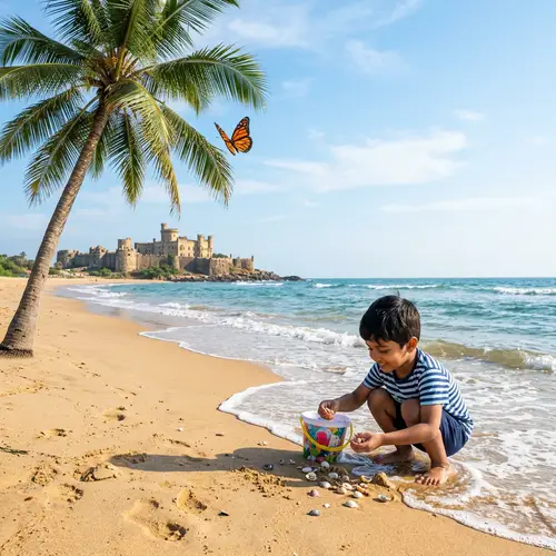 Serene Beach Scene with Palm Tree, Boy Collecting Seashells