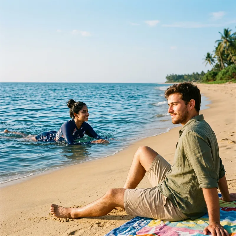 Romantic Ocean Scene: Young South Asian Woman Swimming with Admirer