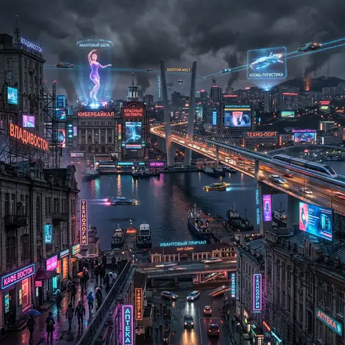 Cyberpunk Vladivostok: Neon Cityscape Fusion with Futuristic Russian Twists