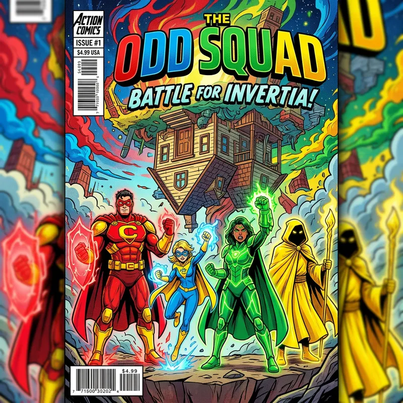 Colorful Comic Book Cover with Four Characters and an Upside-Down House Colorful Comic Book Cover with Four Characters and an Upside-Down House