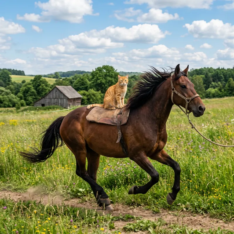 Orange Cat Sitting on Horse in Grassy Field