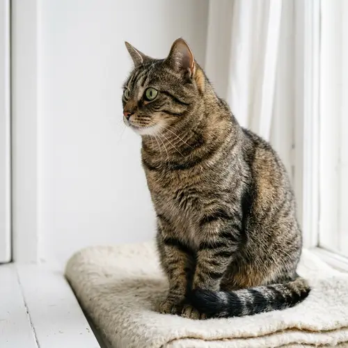 Mature Domestic Short-Haired Tabby Cat | Intense Gaze and Unique Fur Patterns