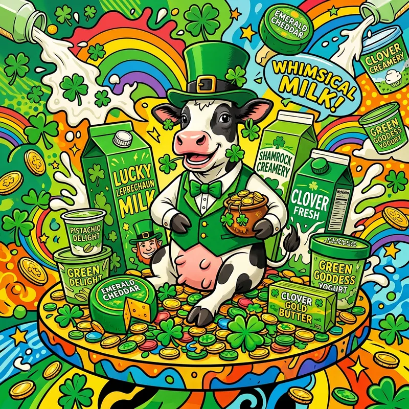 Whimsical Cow in Leprechaun Hat with Green-Themed Dairy Products