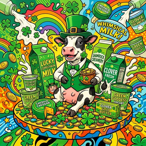 Whimsical Cow in Leprechaun Hat surrounded by Green Dairy Products