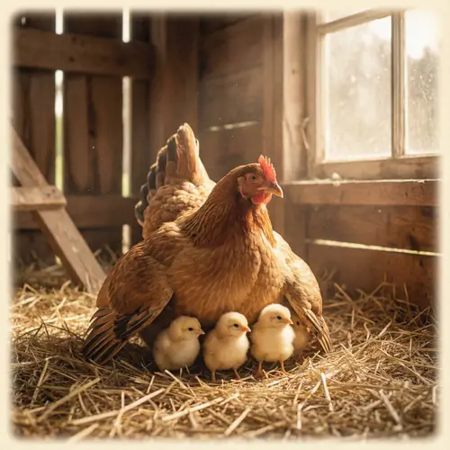 Mother Hen and Three Chicks: Warm and Nurturing Scene | Farm Life