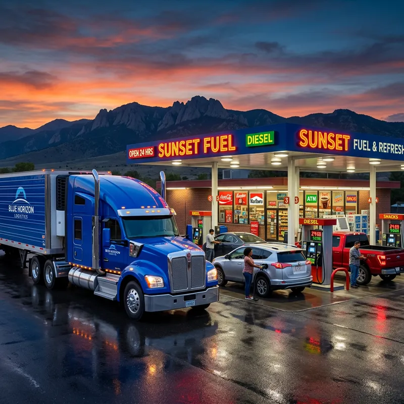 Vibrant Blue Semi Truck at Bustling Gas Station