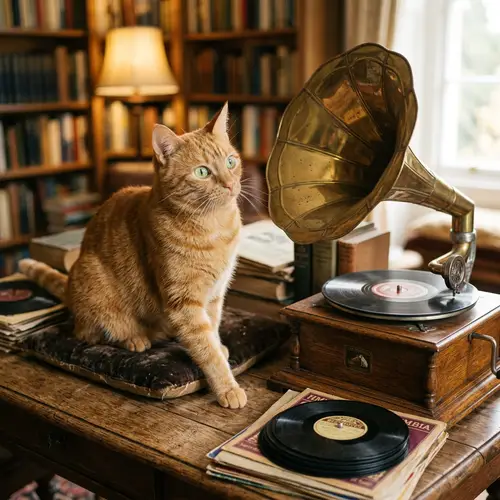 Ginger Cat Enjoying Music on Vintage Gramophone