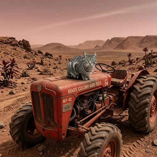 Curious Domestic Cat on a Red Tractor on Mars