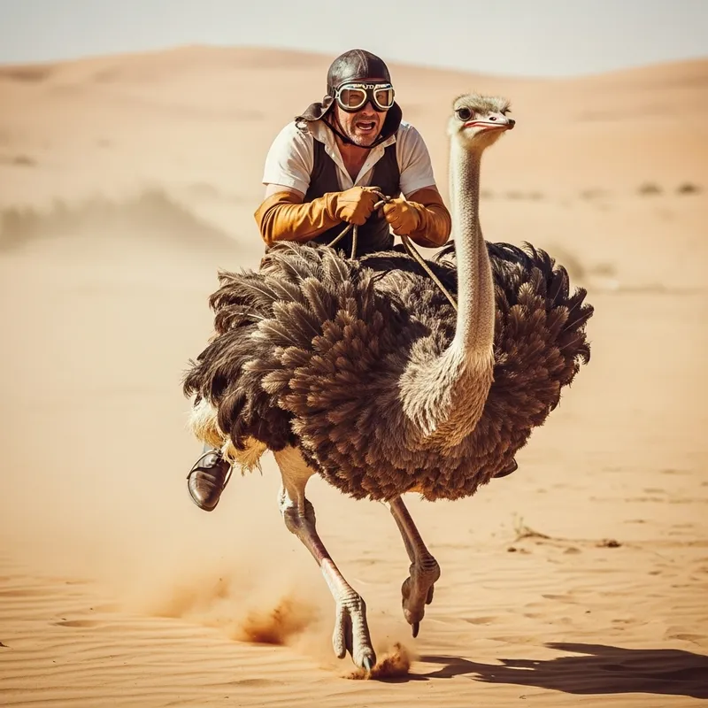 Nerd Rides Galloping Ostrich in 1920s Style