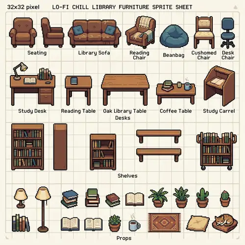 Lo-fi Chill Library Furniture Pixel Art Sprite Sheet