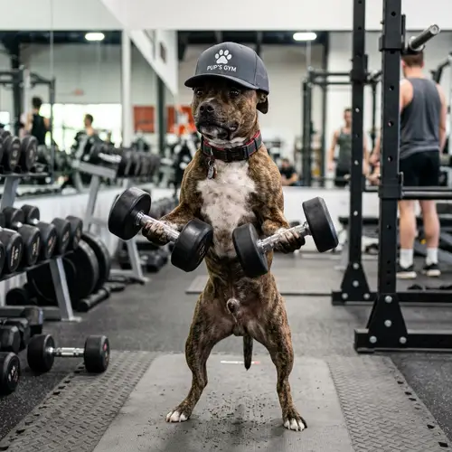 Dog Lifting Weights in a Baseball Cap
