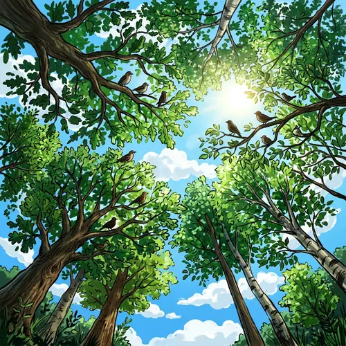 Park Canopy Illustration with Birds Silhouettes